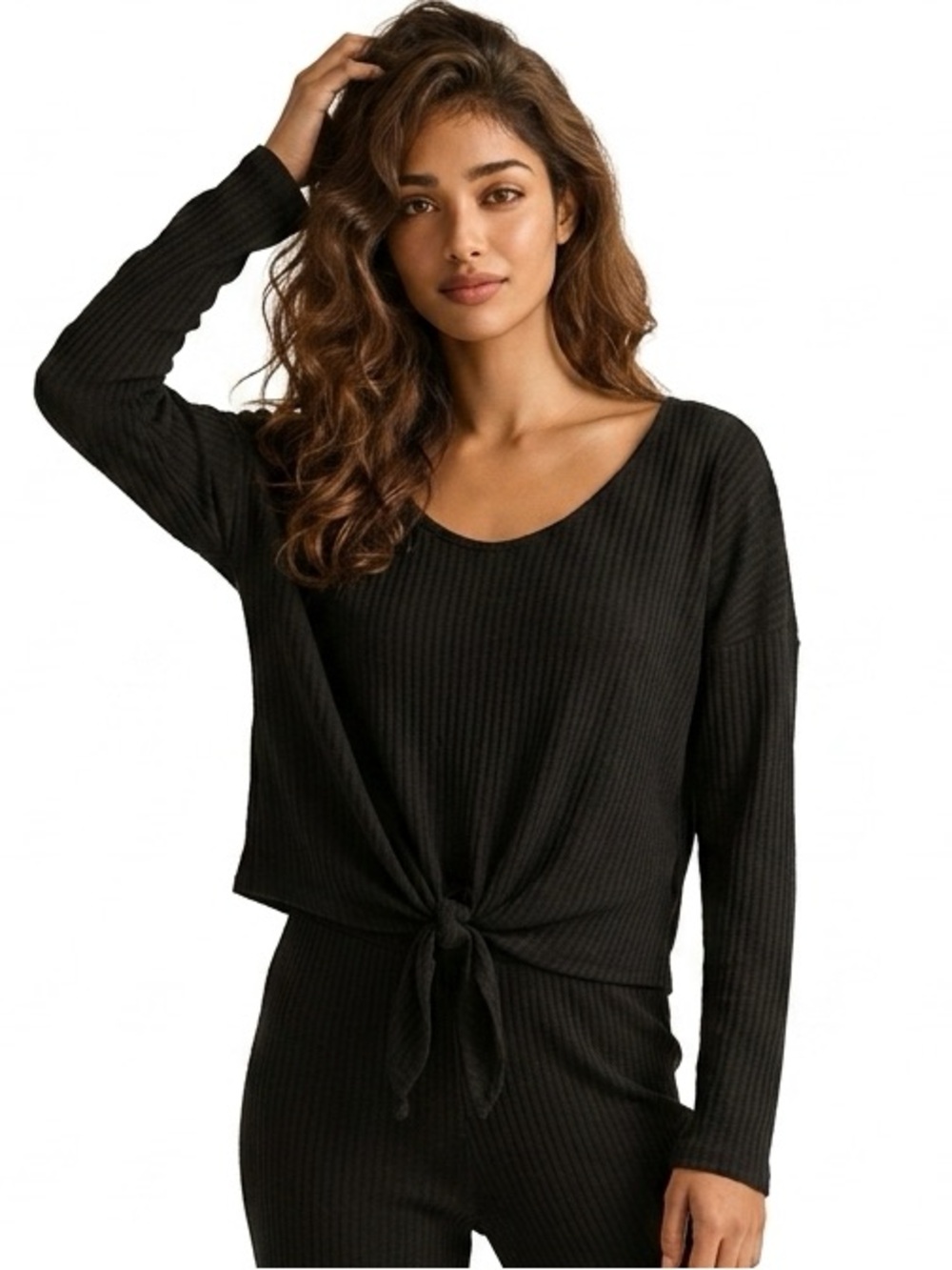EXPRESS | Waffle Knit Black Long Sleeve Top Tie Front Scoopneck Women’s Large